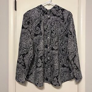 LRL Ralph Lauren Women's Plus Black/White Paisley Non-Iron Button-Front Shirt 2X